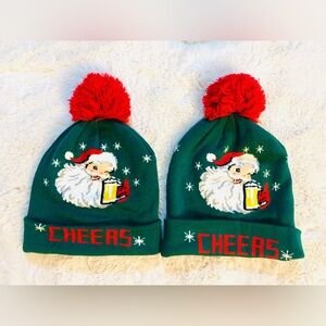 2 NWOT Dec 25th Santa Cheers! With Beer in Hand Beanie w/ Red Pom